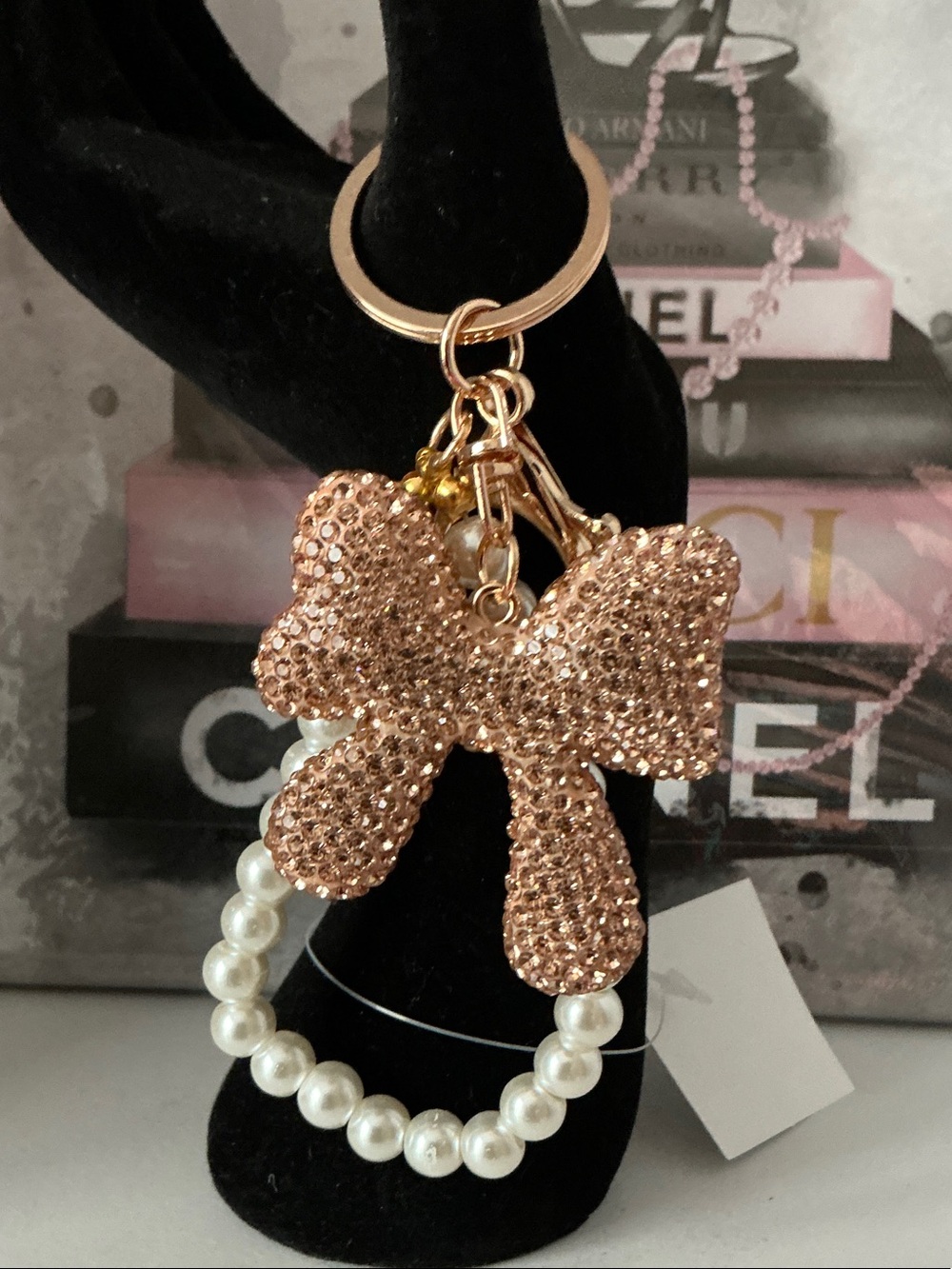 Crystal Bow Pearl Charm Keychain/Bag Charm - Rose Gold